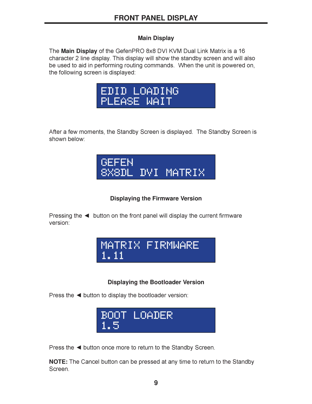 Gefen GEF-DVIKVM-848DL user manual Front Panel Display, Main Display, Displaying the Firmware Version 