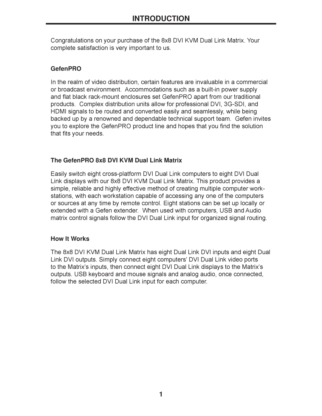 Gefen GEF-DVIKVM-848DL user manual Introduction, GefenPRO 8x8 DVI KVM Dual Link Matrix, How It Works 