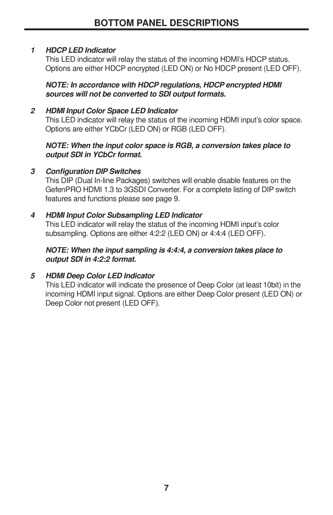 Gefen GEF-HDMI1.3-2-3GSDI user manual Bottom Panel Descriptions, Hdcp LED Indicator 