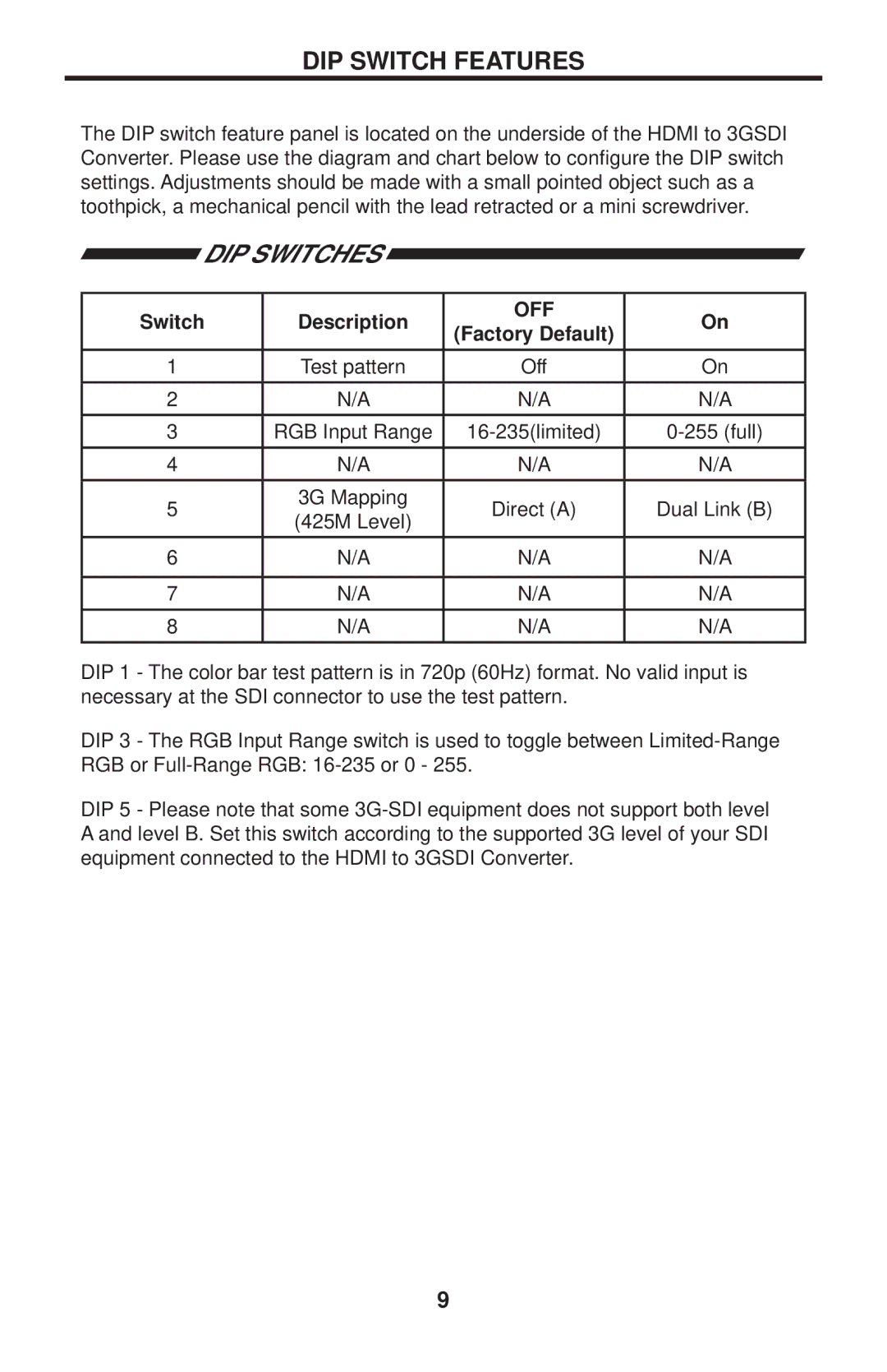 Gefen GEF-HDMI1.3-2-3GSDI user manual DIP Switch Features, Switch Description, Factory Default 