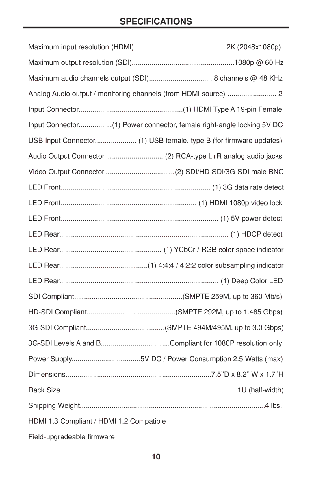 Gefen GEF-HDMI1.3-2-3GSDI user manual Specifications 