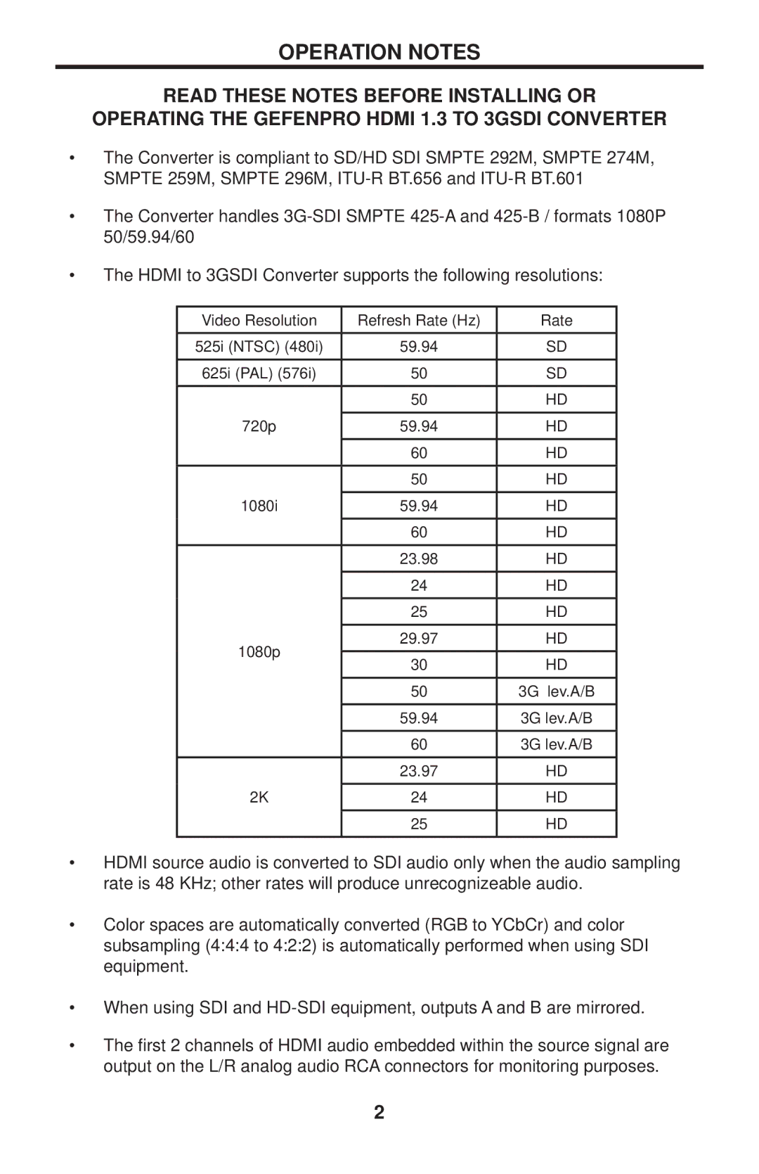 Gefen GEF-HDMI1.3-2-3GSDI user manual Operation Notes 