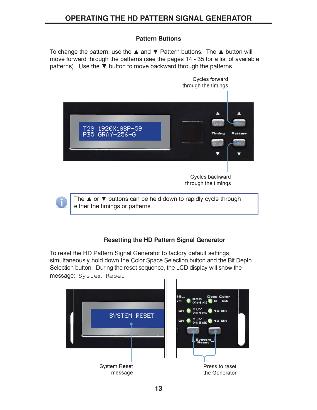 Gefen GTB-HD-SIGGEN user manual Pattern Buttons, Resetting the HD Pattern Signal Generator 