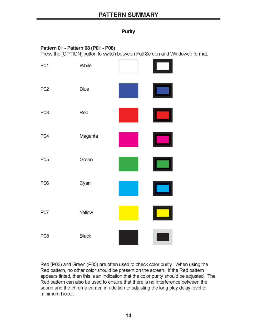 Gefen GTB-HD-SIGGEN user manual Pattern Summary, Purity Pattern 01 Pattern 08 P01 P08 