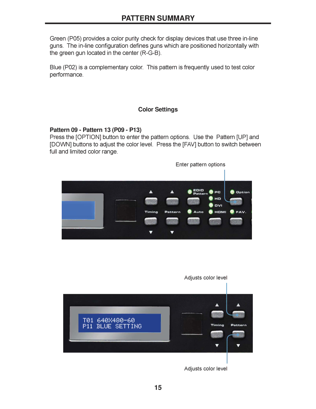 Gefen GTB-HD-SIGGEN user manual Color Settings Pattern 09 Pattern 13 P09 P13 