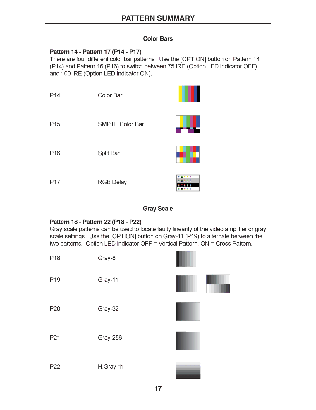 Gefen GTB-HD-SIGGEN user manual Color Bars Pattern 14 Pattern 17 P14 P17, Gray Scale Pattern 18 Pattern 22 P18 P22 