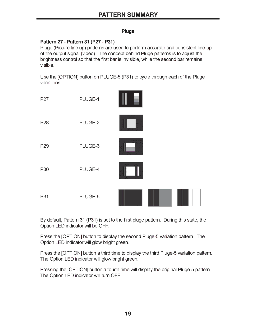 Gefen GTB-HD-SIGGEN user manual Pluge Pattern 27 Pattern 31 P27 P31, P27PLUGE-1 P28PLUGE-2 P29PLUGE-3 P30PLUGE-4 P31PLUGE-5 