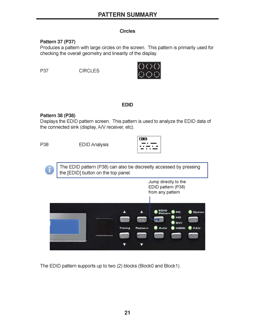 Gefen GTB-HD-SIGGEN user manual Circles Pattern 37 P37, Edid, Pattern 38 P38 