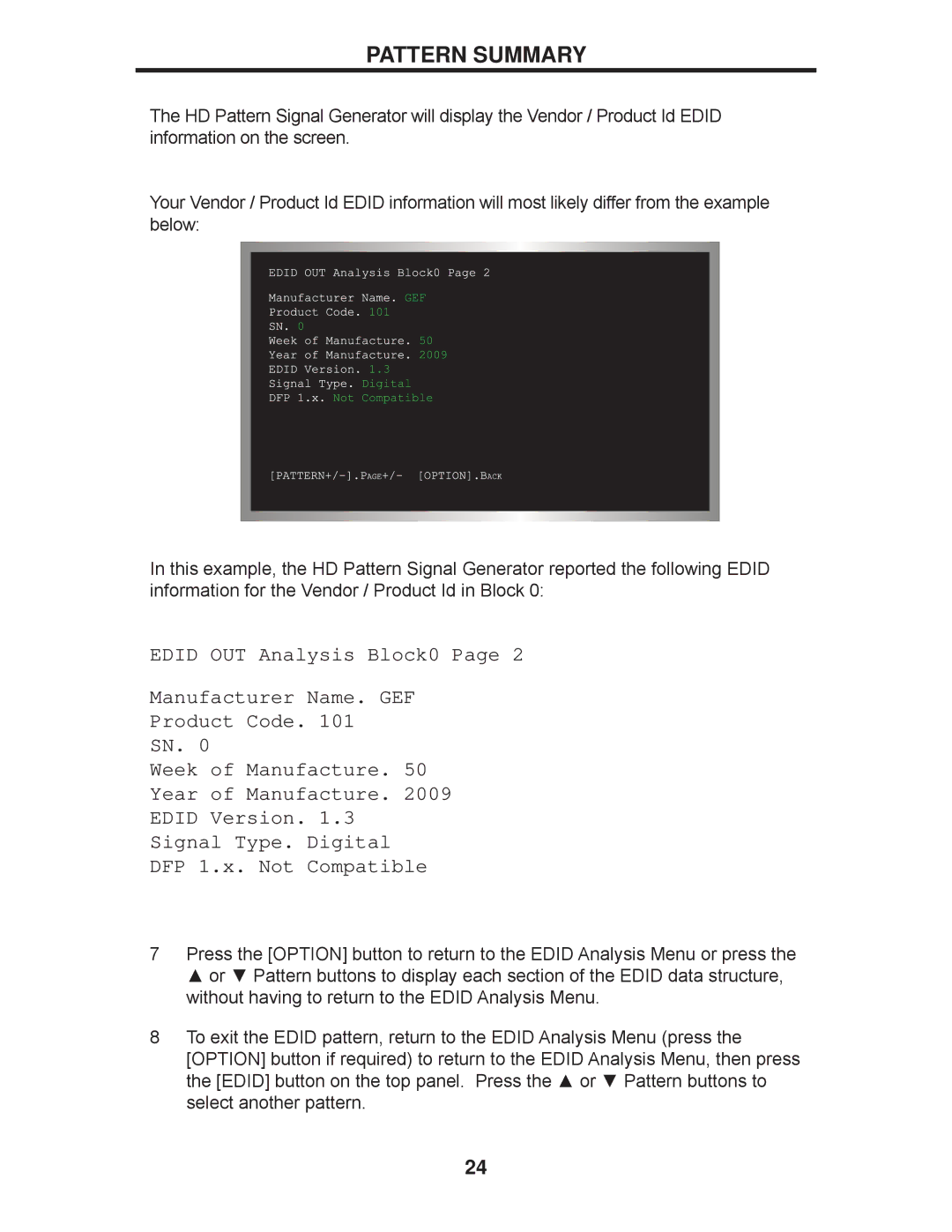 Gefen GTB-HD-SIGGEN user manual Pattern Summary 