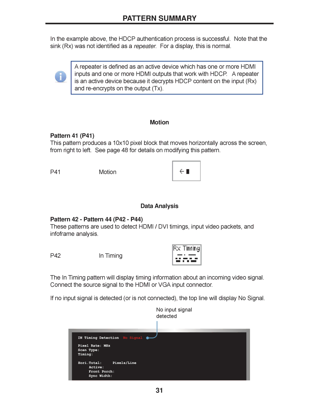 Gefen GTB-HD-SIGGEN user manual Motion Pattern 41 P41, Data Analysis Pattern 42 Pattern 44 P42 P44 