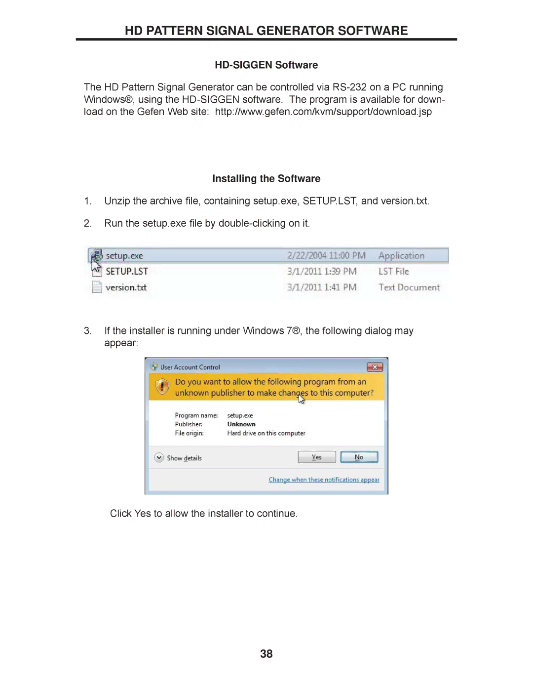 Gefen GTB-HD-SIGGEN user manual HD Pattern Signal Generator Software, HD-SIGGEN Software Installing the Software 