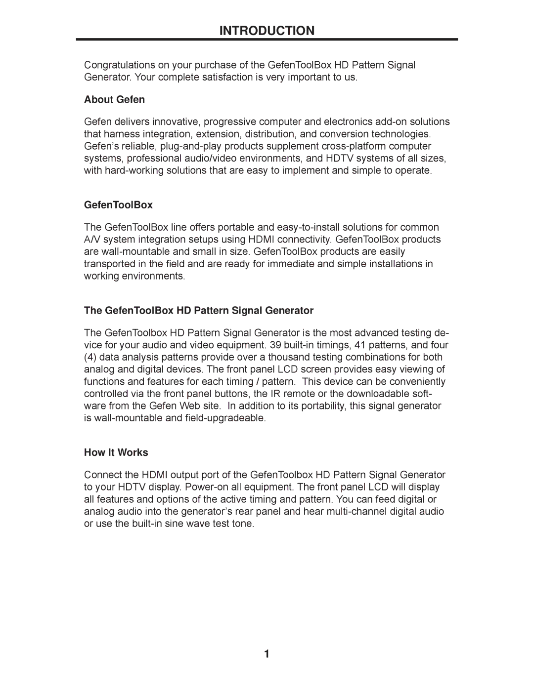 Gefen GTB-HD-SIGGEN user manual Introduction, About Gefen, GefenToolBox HD Pattern Signal Generator, How It Works 