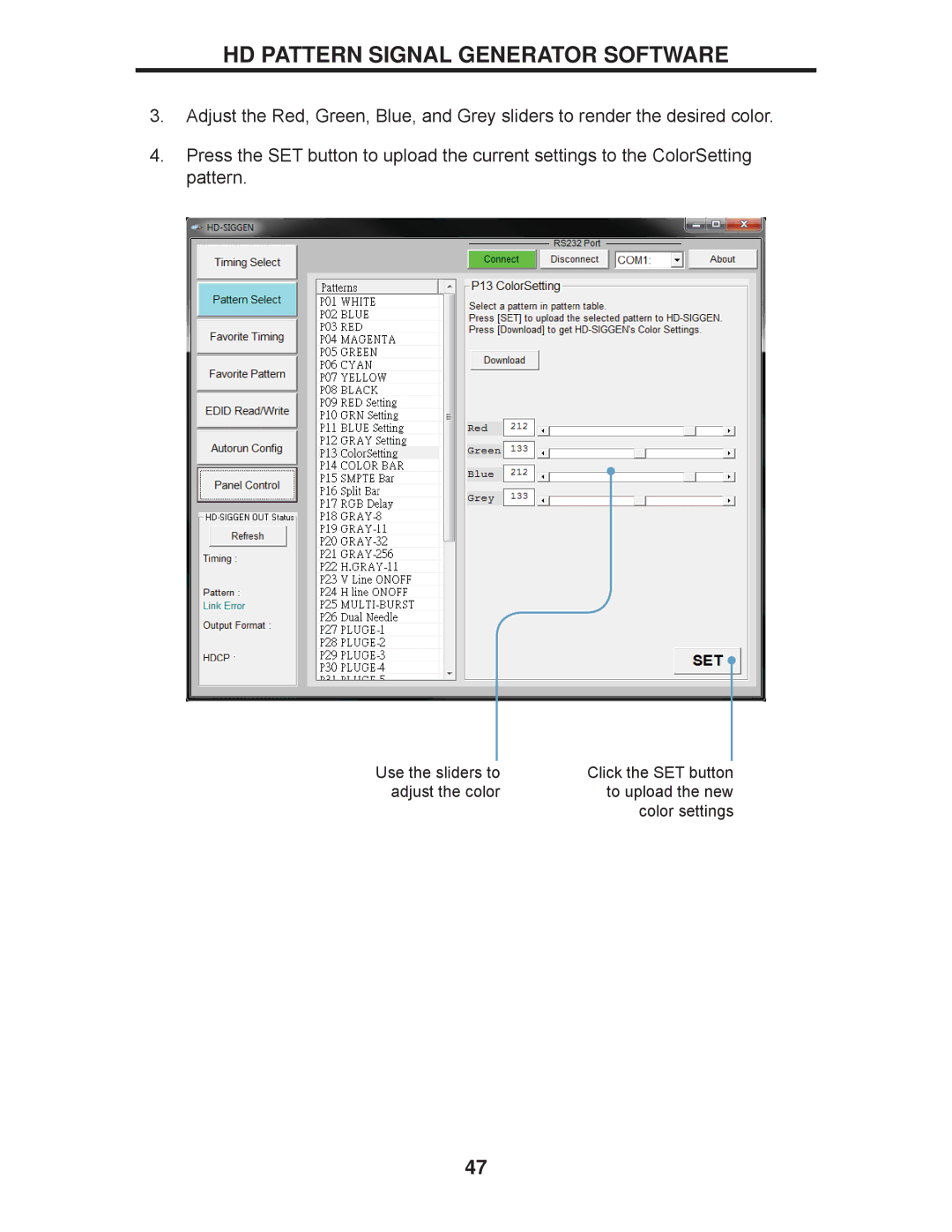 Gefen GTB-HD-SIGGEN user manual Adjust the color To upload the new Color settings 