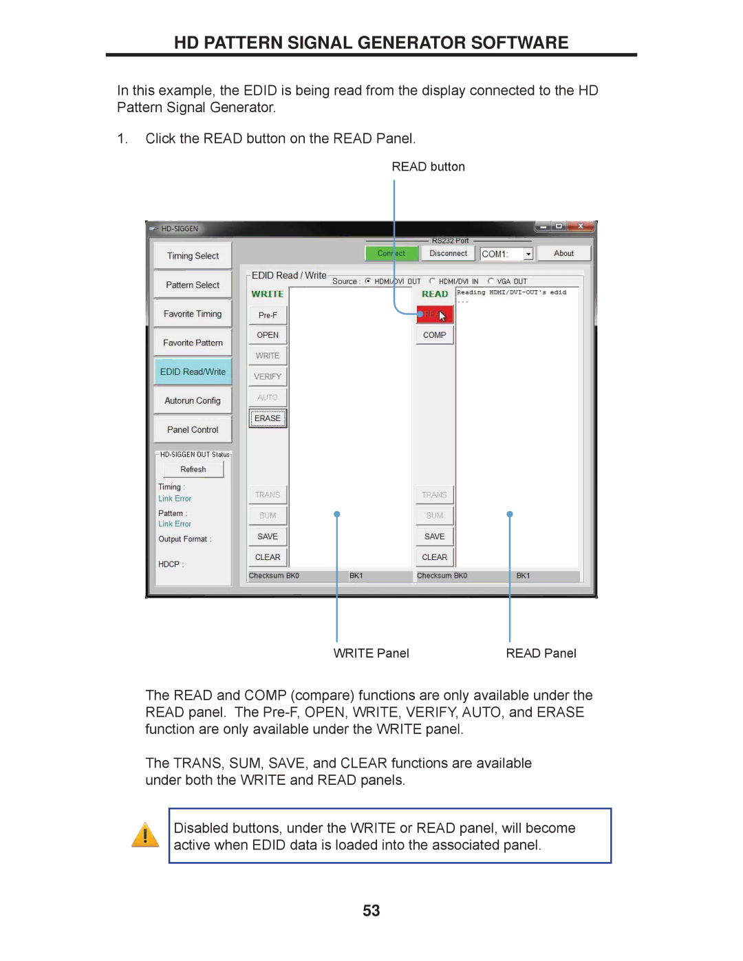 Gefen GTB-HD-SIGGEN user manual Read button Write Panel 