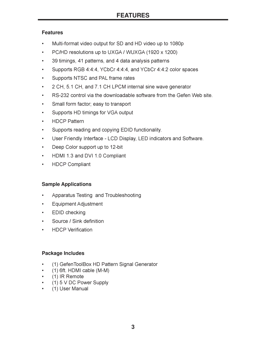 Gefen GTB-HD-SIGGEN user manual Features, Sample Applications, Package Includes 