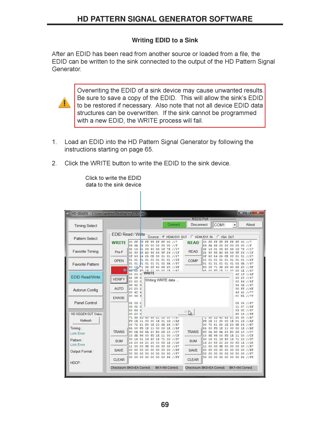 Gefen GTB-HD-SIGGEN user manual Writing Edid to a Sink 