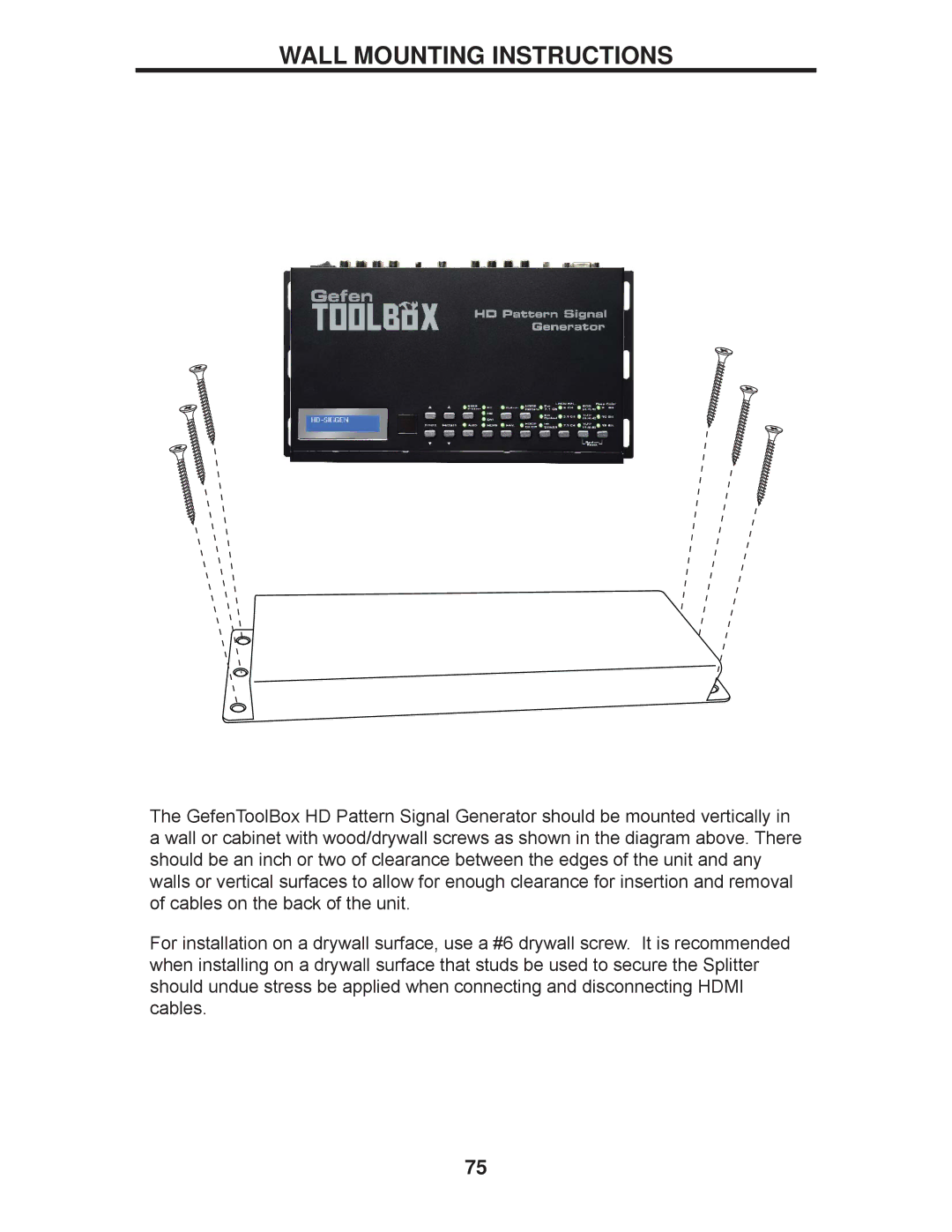 Gefen GTB-HD-SIGGEN user manual Wall Mounting Instructions 