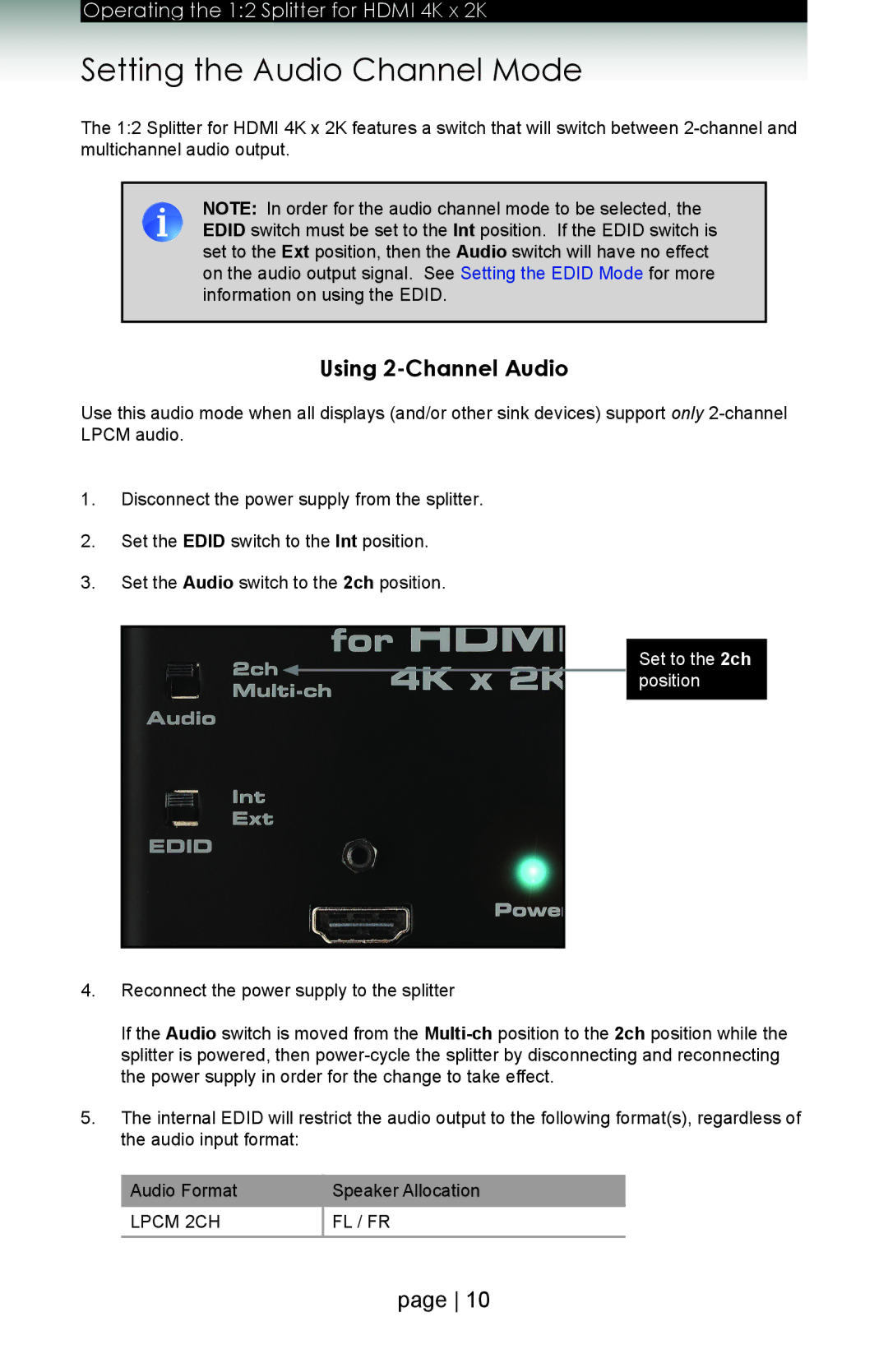 Gefen gtb-hd4k2k-142 user manual Setting the Audio Channel Mode, Using 2-Channel Audio, Set to the 2ch position 