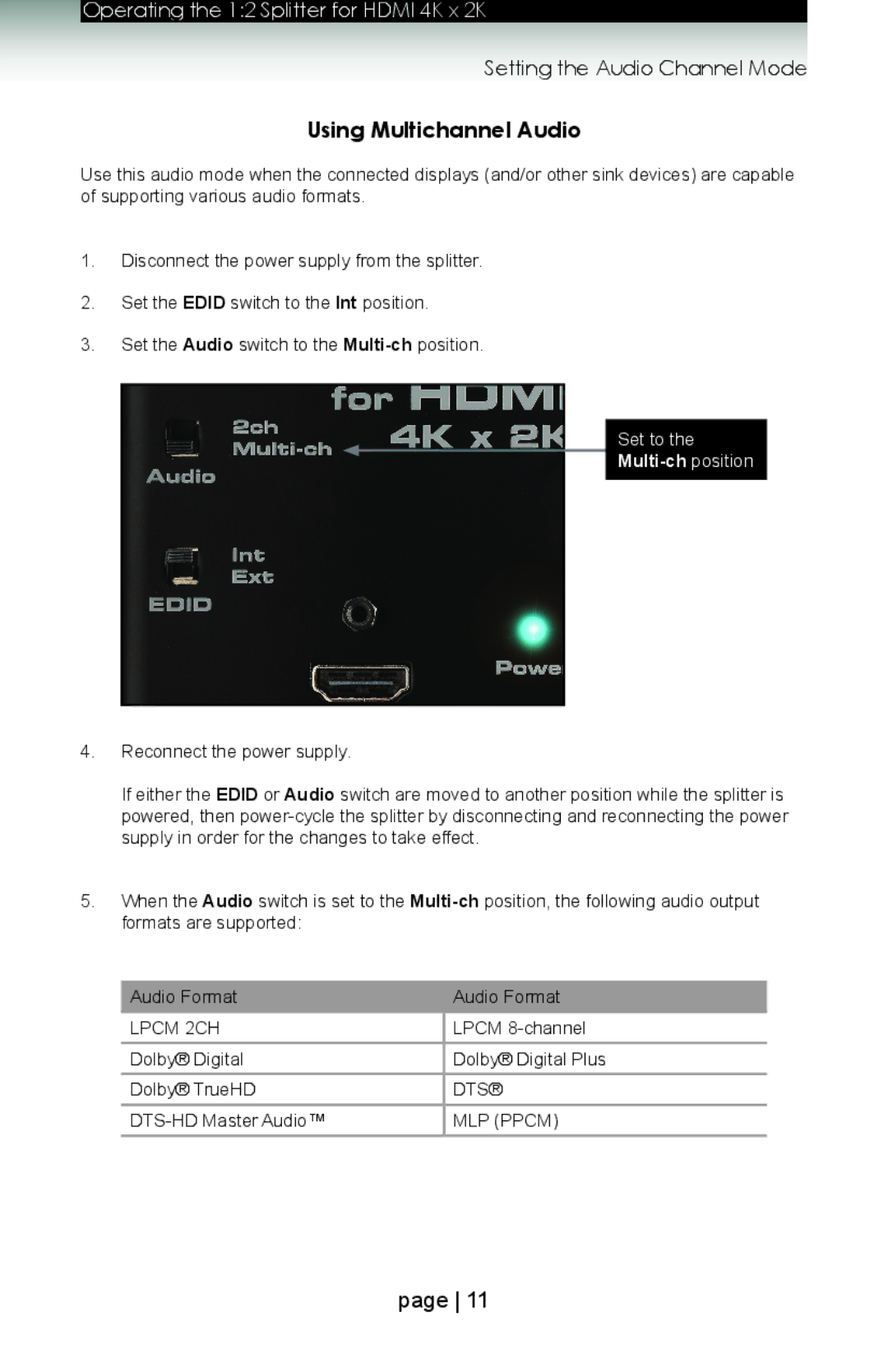 Gefen gtb-hd4k2k-142 user manual Using Multichannel Audio, Set to 