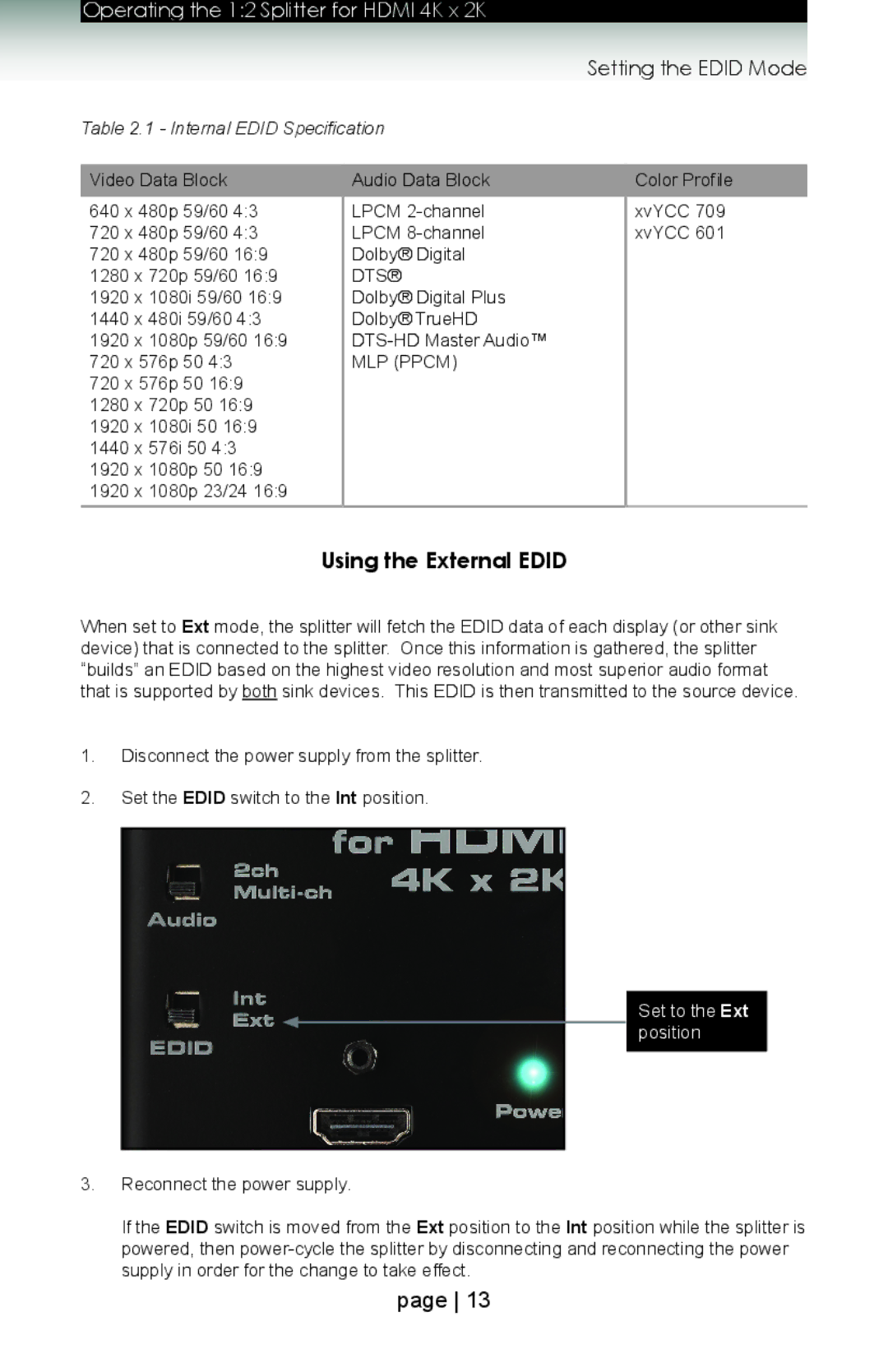 Gefen gtb-hd4k2k-142 user manual Using the External Edid, Set to the Ext position 