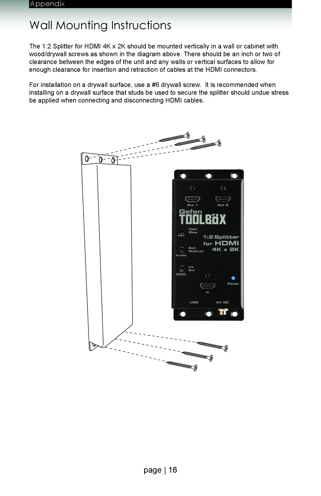 Gefen gtb-hd4k2k-142 user manual Wall Mounting Instructions 