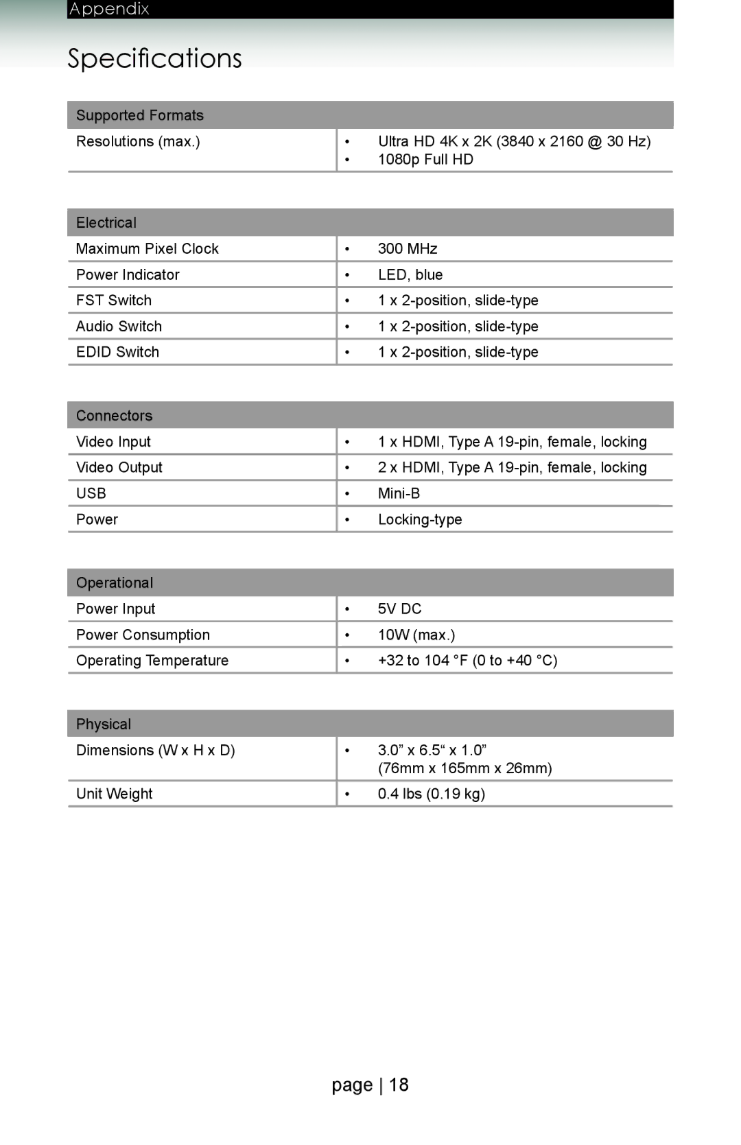 Gefen gtb-hd4k2k-142 user manual Specifications 