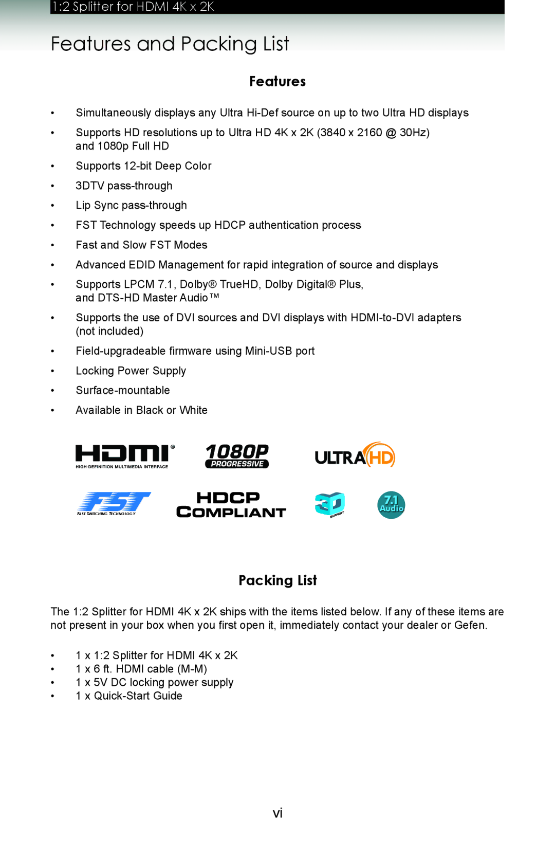 Gefen gtb-hd4k2k-142 user manual Features and Packing List 