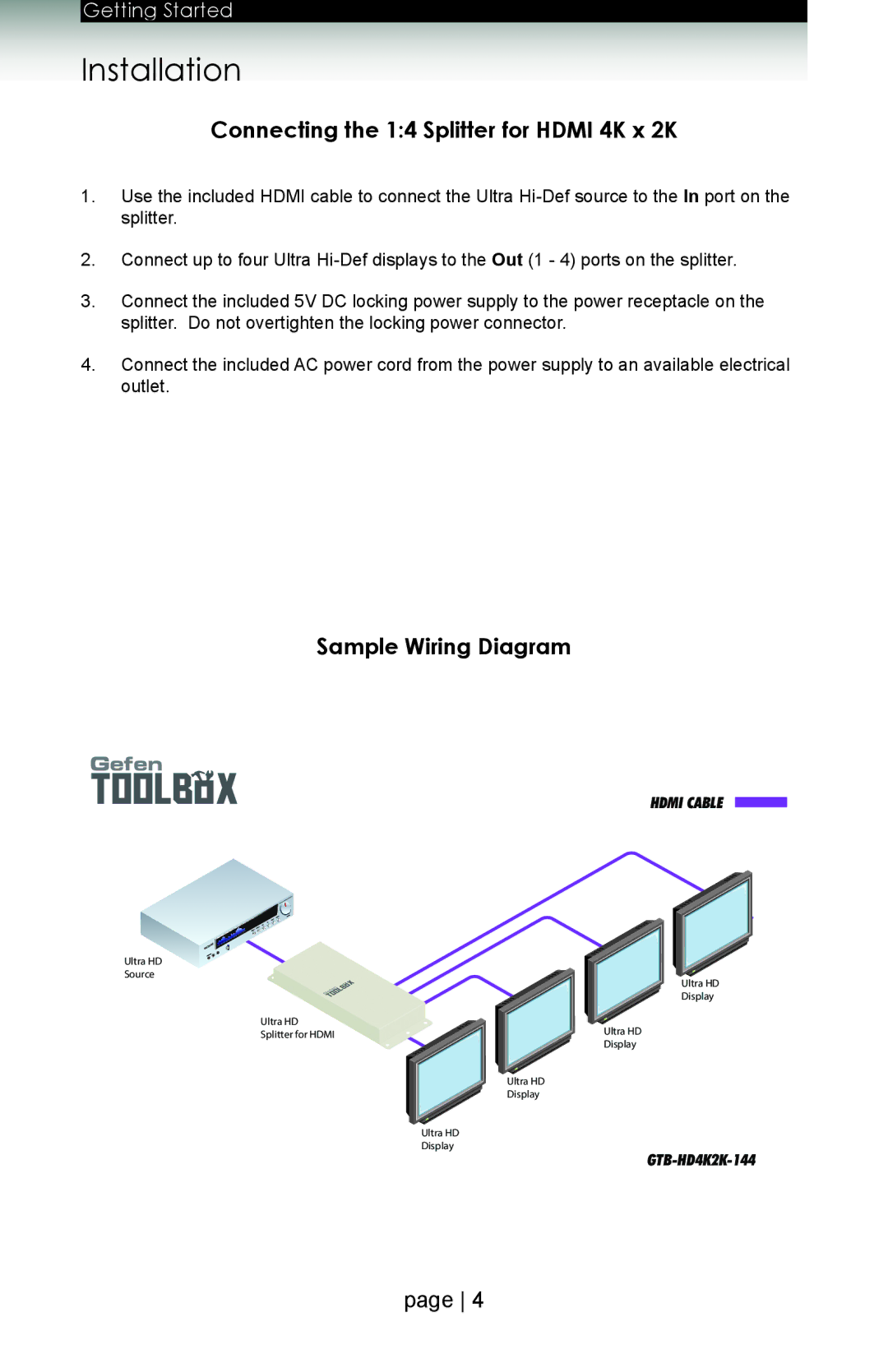 Gefen GTB-HD4K2K-144 user manual Connecting the 14 Splitter for Hdmi 4K x 2K, Sample Wiring Diagram 