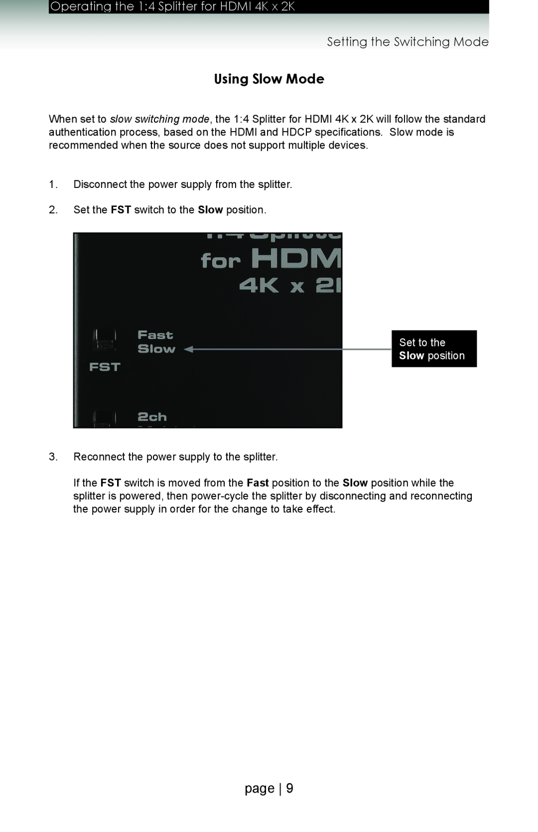 Gefen GTB-HD4K2K-144 user manual Using Slow Mode, Set to Slow position 