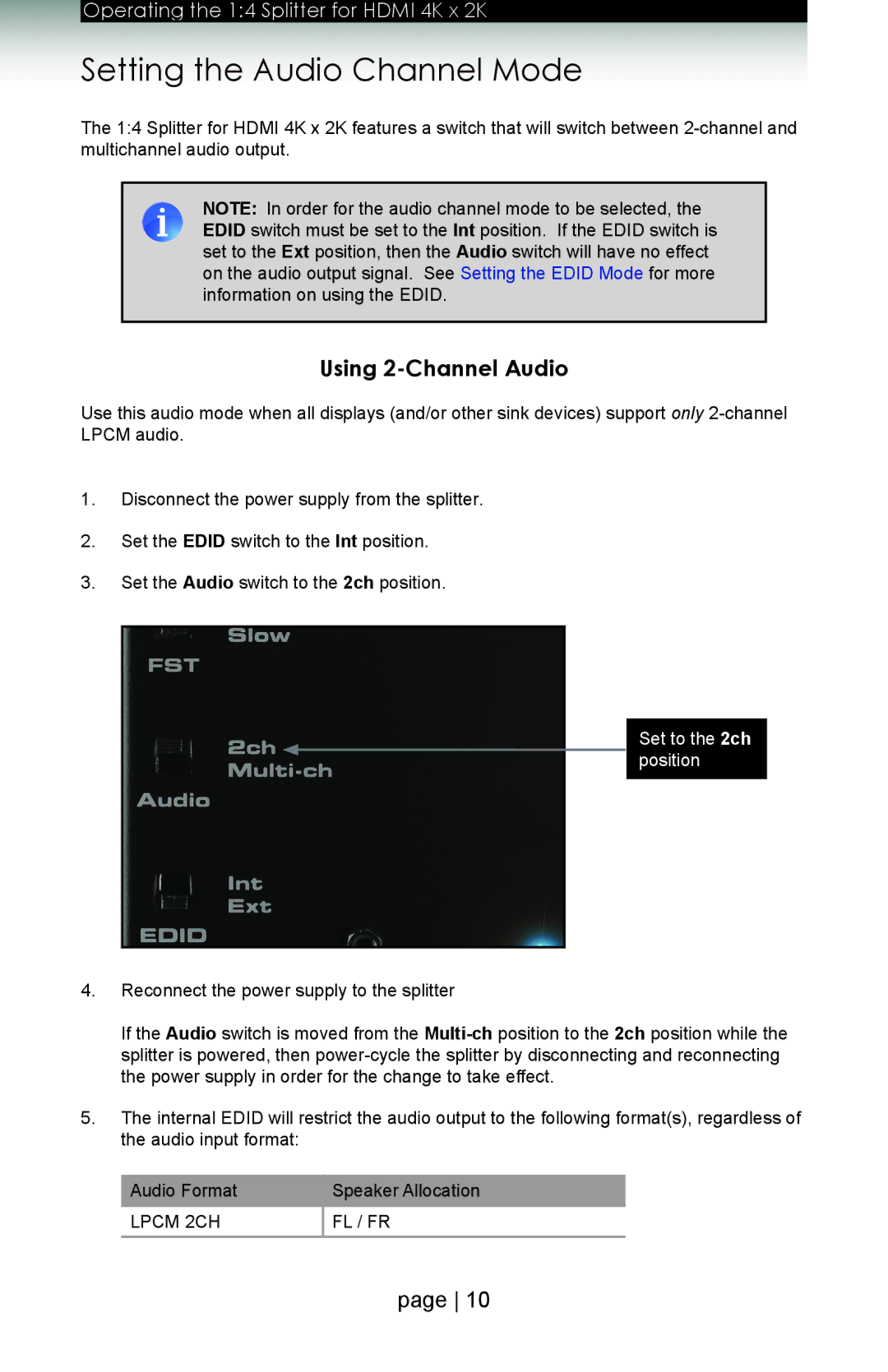 Gefen GTB-HD4K2K-144 user manual Setting the Audio Channel Mode, Using 2-Channel Audio, Set to the 2ch position 