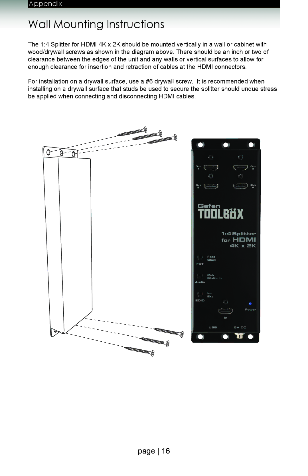 Gefen GTB-HD4K2K-144 user manual Wall Mounting Instructions 