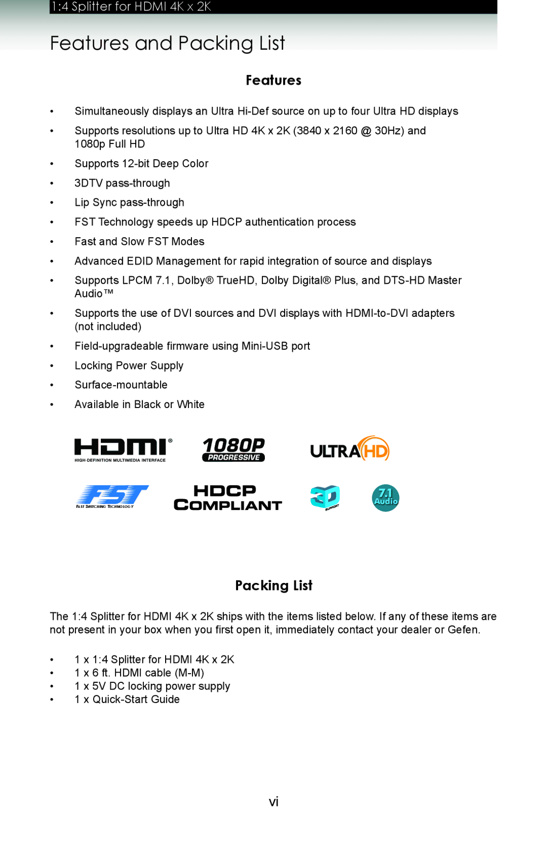 Gefen GTB-HD4K2K-144 user manual Features and Packing List 