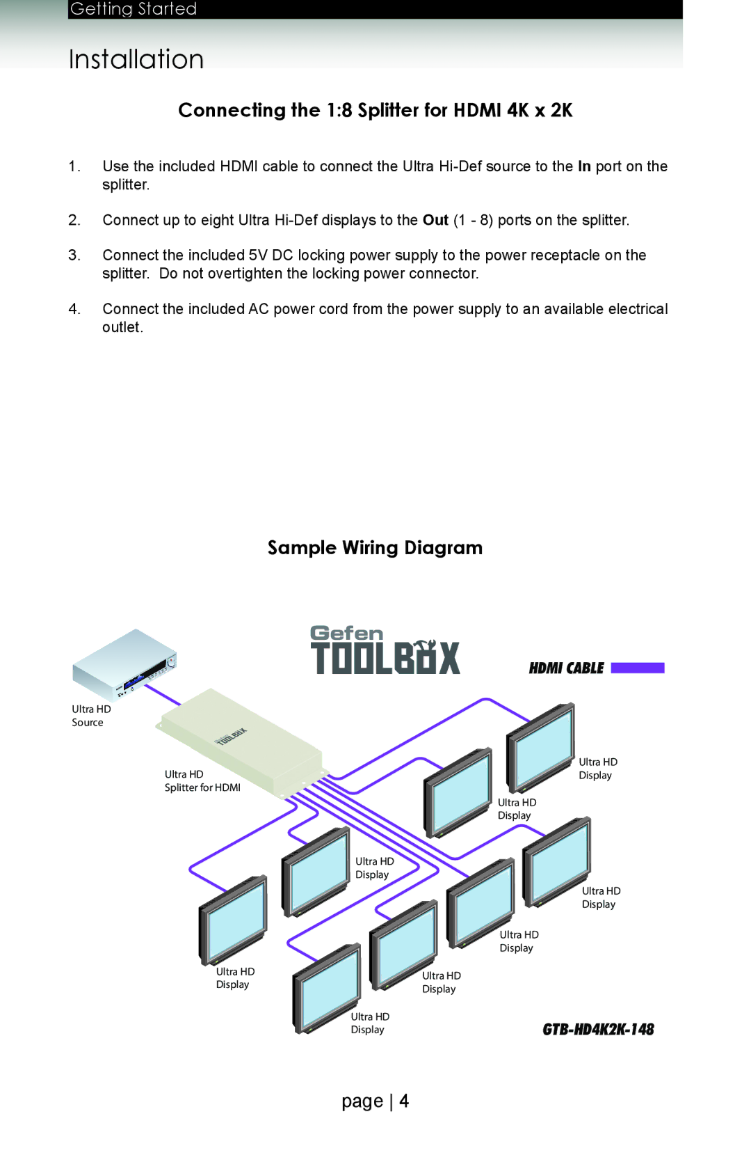 Gefen GTB-HD4K2K-148 user manual Connecting the 18 Splitter for Hdmi 4K x 2K, Sample Wiring Diagram 