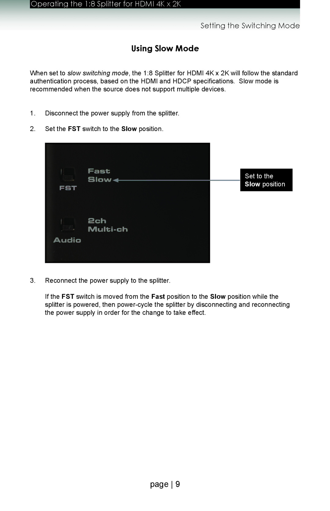 Gefen GTB-HD4K2K-148 user manual Using Slow Mode, Set to Slow position 