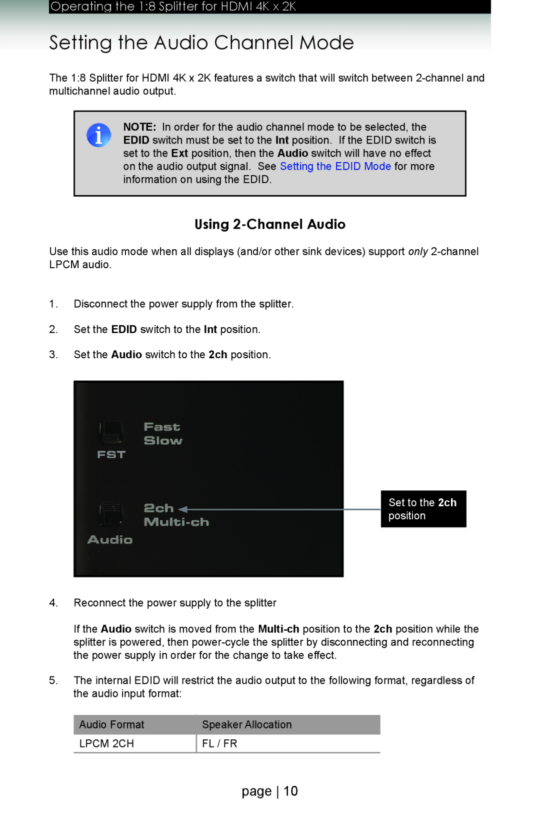 Gefen GTB-HD4K2K-148 user manual Setting the Audio Channel Mode, Using 2-Channel Audio, Set to the 2ch position 