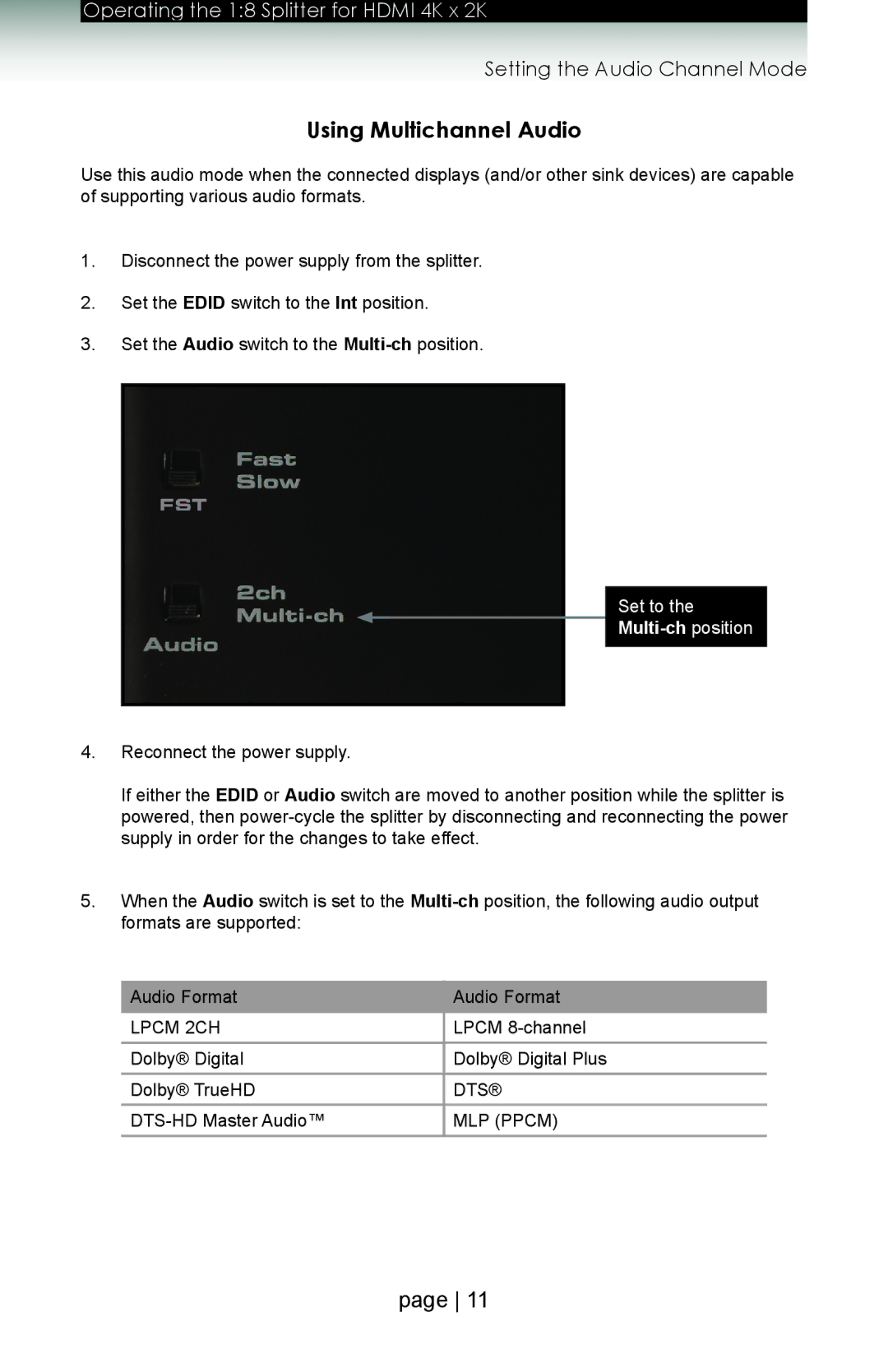 Gefen GTB-HD4K2K-148 user manual Using Multichannel Audio, Set to 