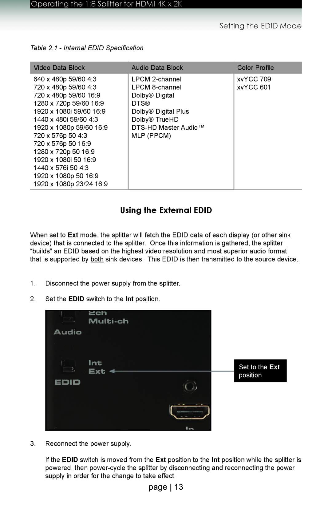 Gefen GTB-HD4K2K-148 user manual Using the External Edid, Set to the Ext position 