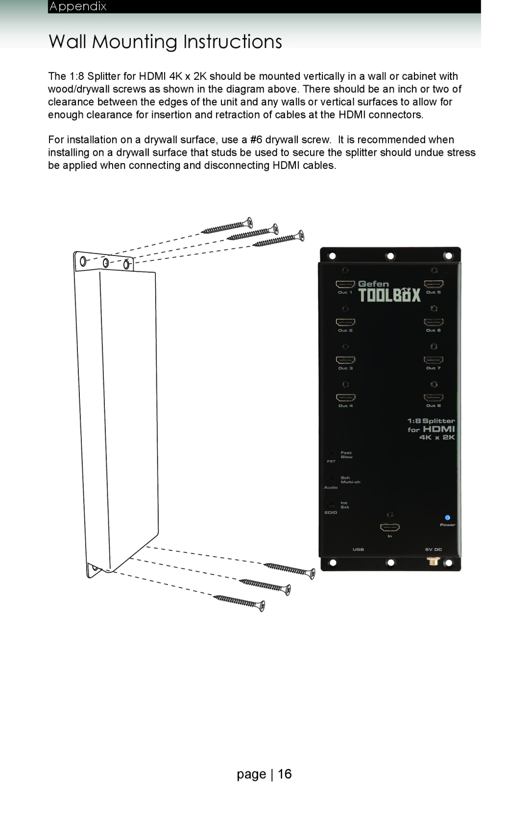 Gefen GTB-HD4K2K-148 user manual Wall Mounting Instructions 