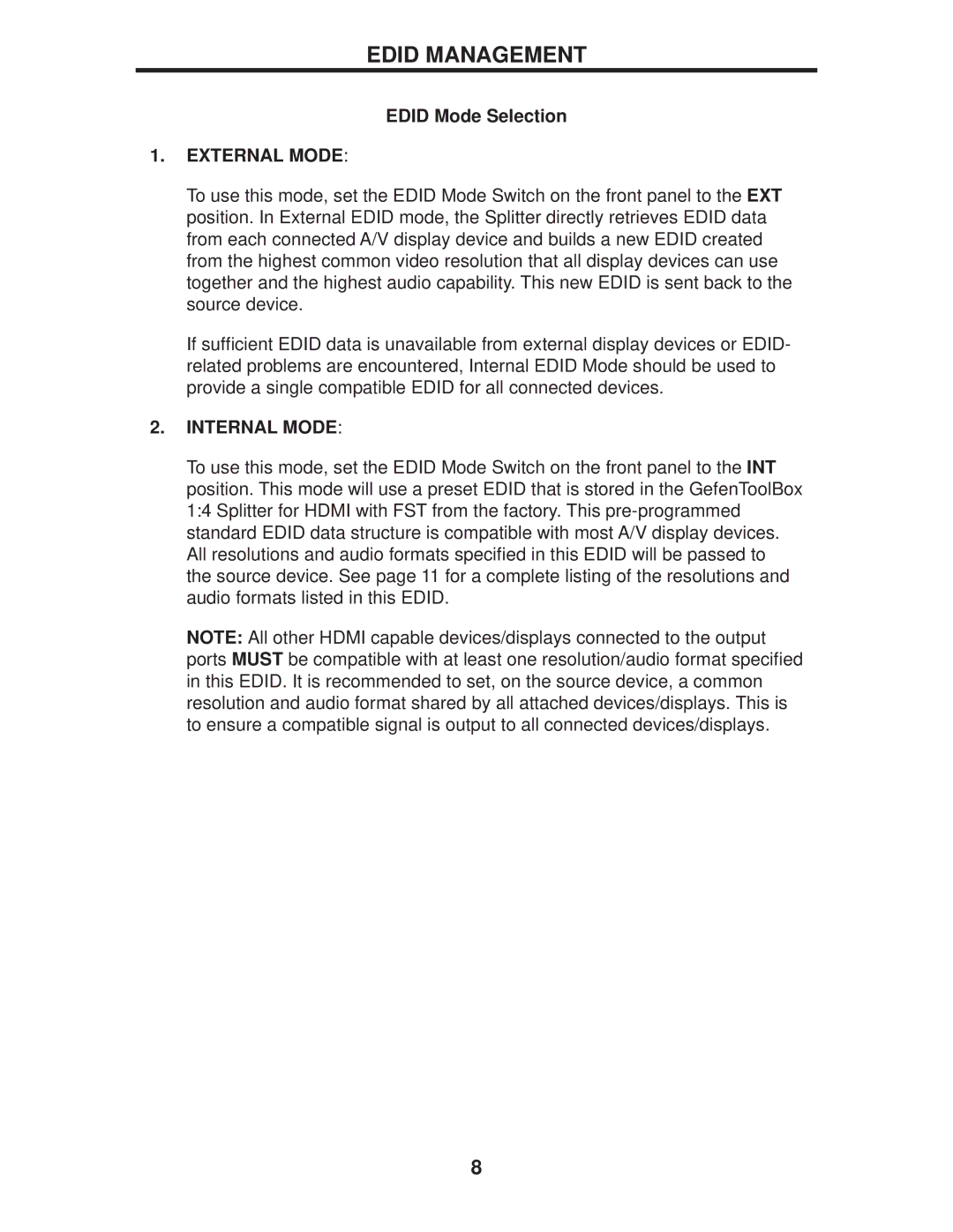 Gefen GTB-HDFST-144-BLK user manual Edid Mode Selection, External Mode 
