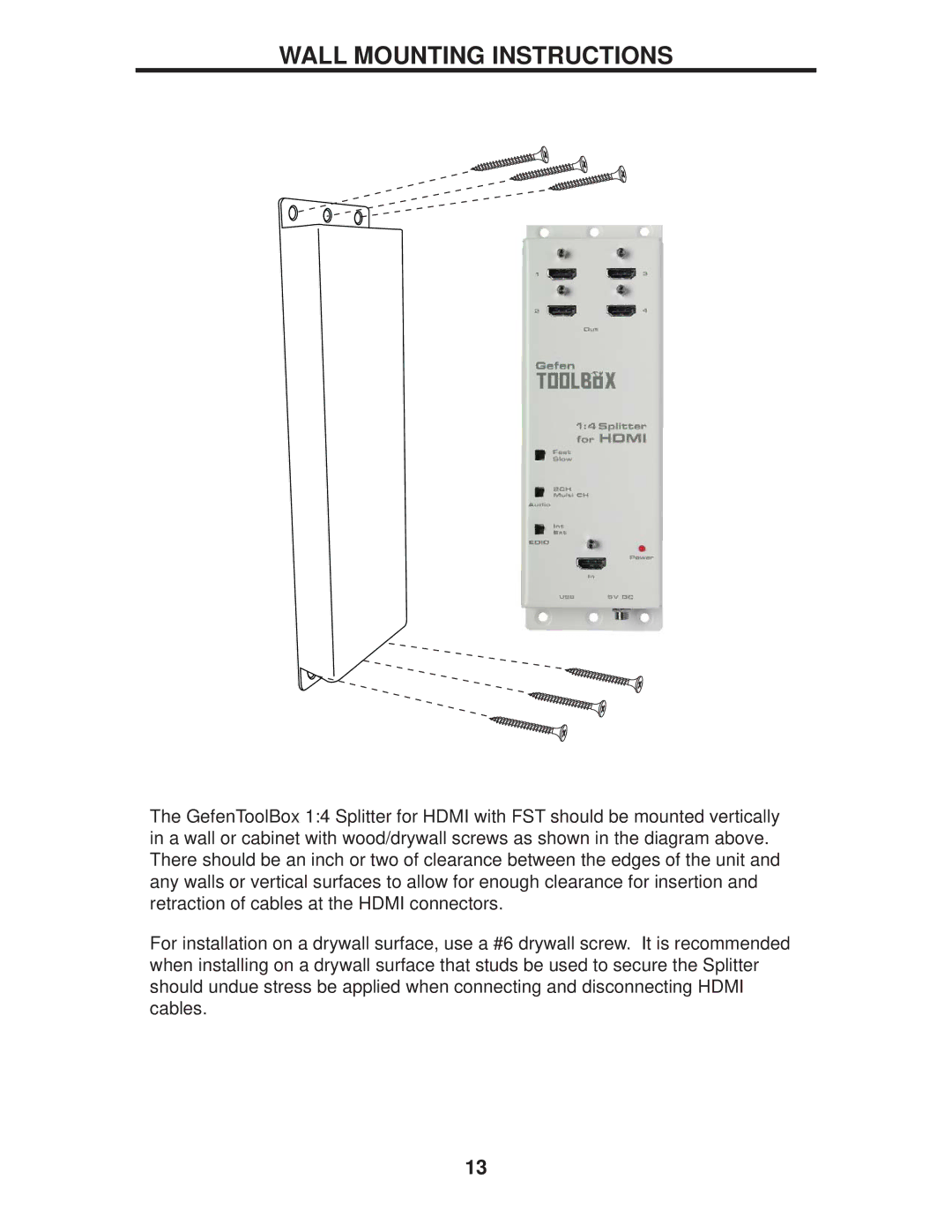 Gefen GTB-HDFST-144-BLK user manual Wall Mounting Instructions 