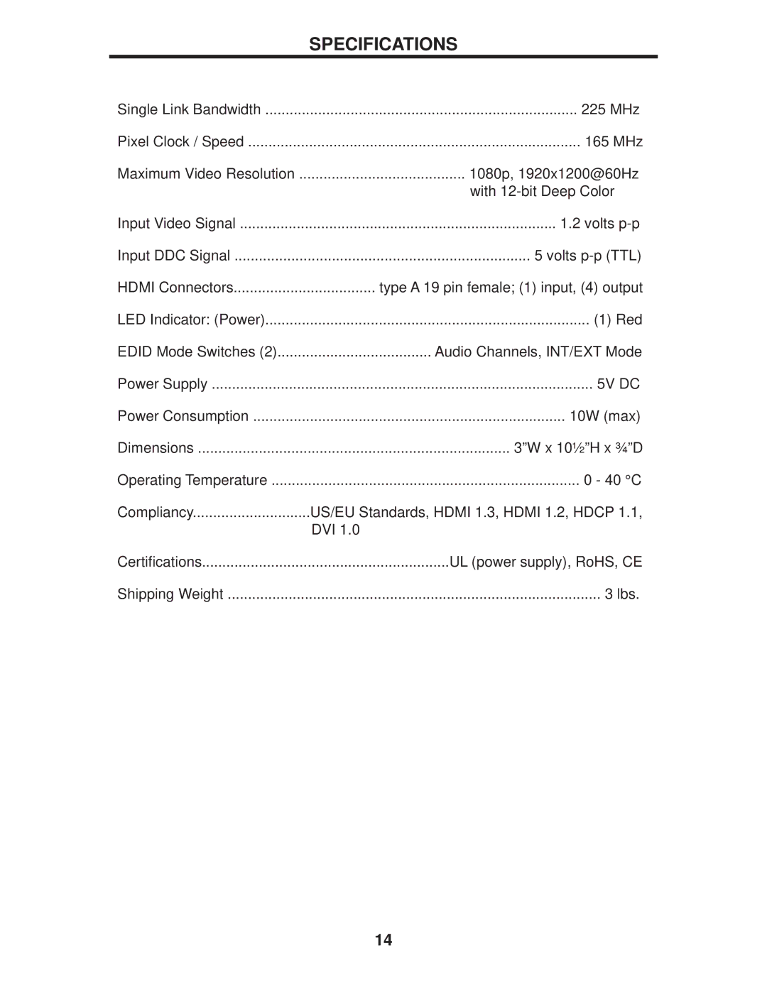 Gefen GTB-HDFST-144-BLK user manual Specifications, 5V DC 