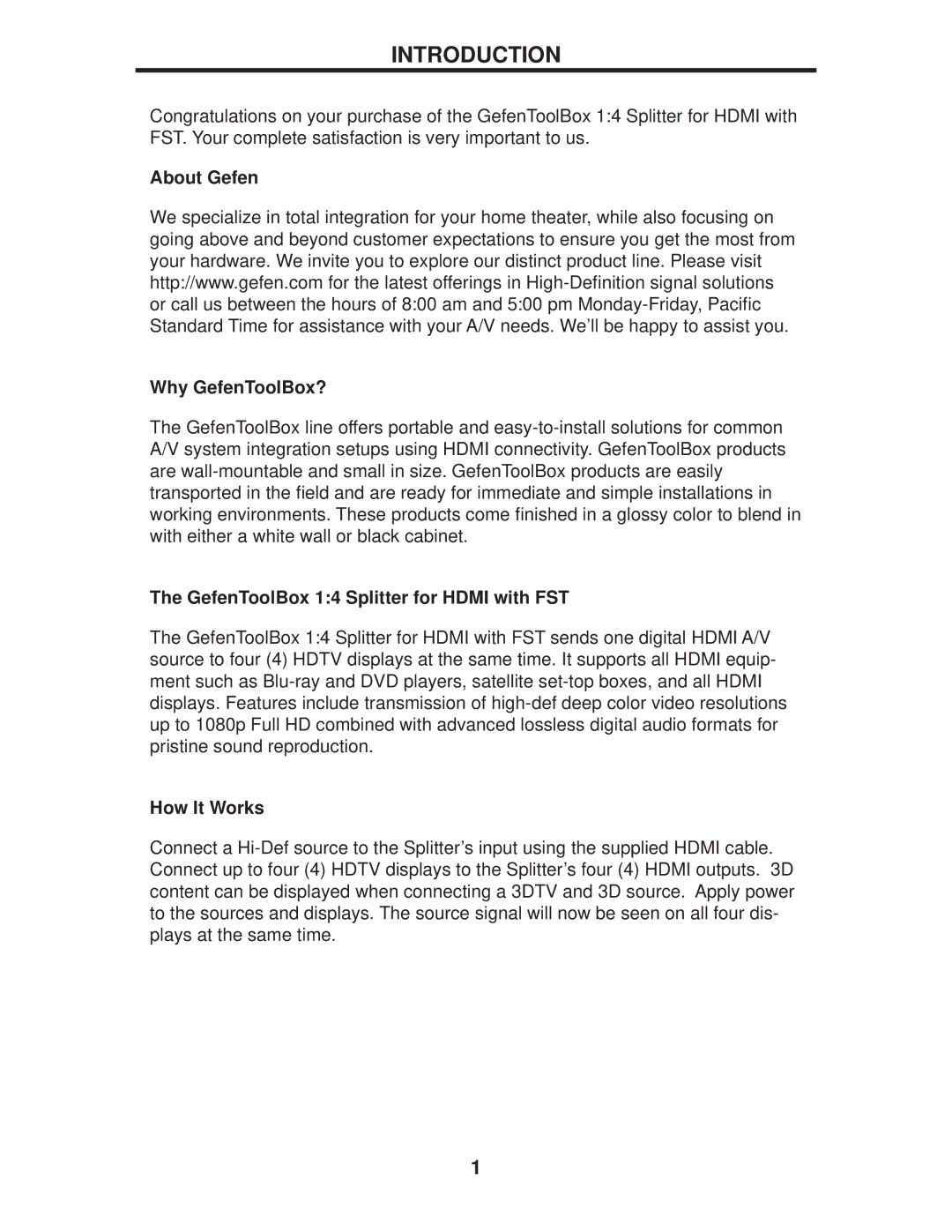 Gefen GTB-HDFST-144 Introduction, About Gefen Why GefenToolBox?, GefenToolBox 14 Splitter for Hdmi with FST, How It Works 