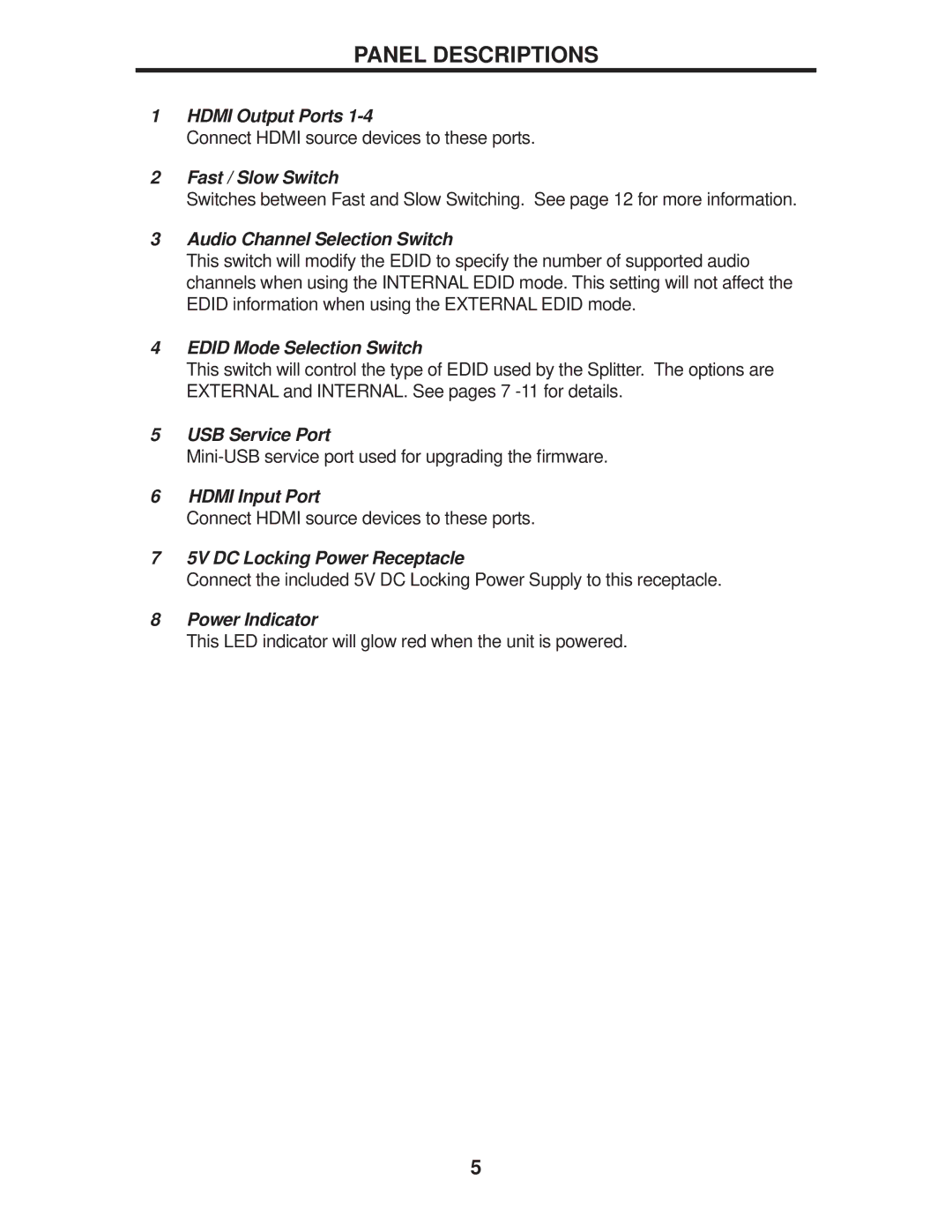 Gefen GTB-HDFST-144-BLK user manual Panel Descriptions, Audio Channel Selection Switch 