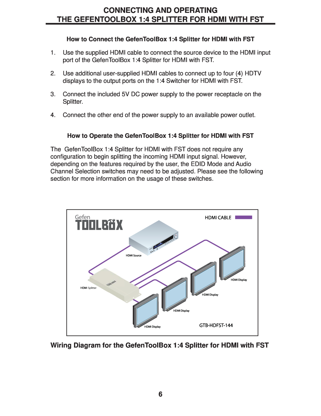 Gefen GTB-HDFST-144-BLK user manual Connecting And Operating, THE GEFENTOOLBOX 14 SPLITTER FOR HDMI WITH FST, Gefen 