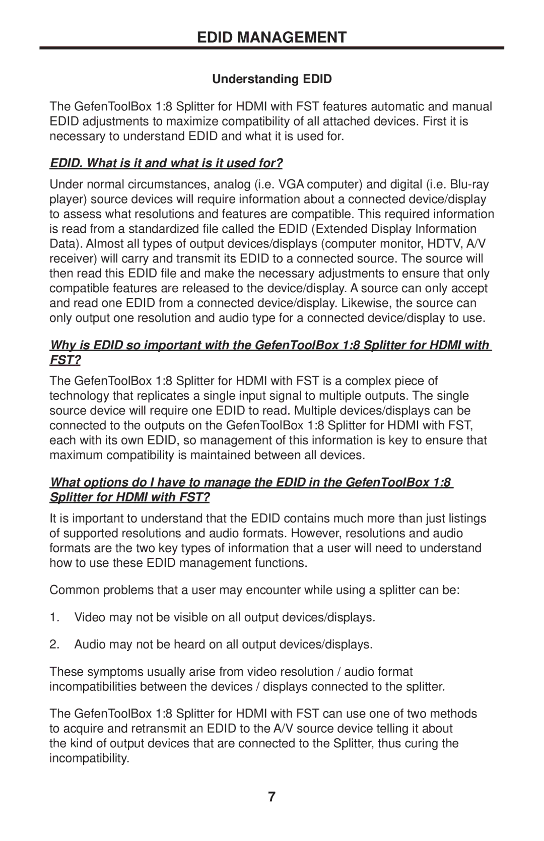 Gefen GTB-HDFST-148-BLK user manual Edid Management, Understanding Edid 