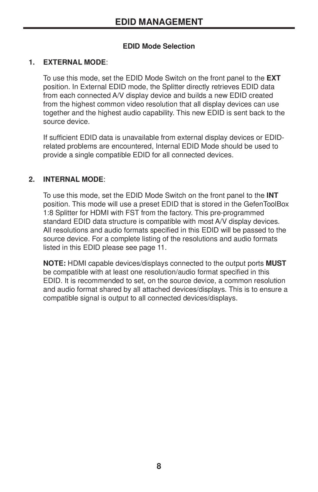 Gefen GTB-HDFST-148-BLK user manual Edid Mode Selection, External Mode 