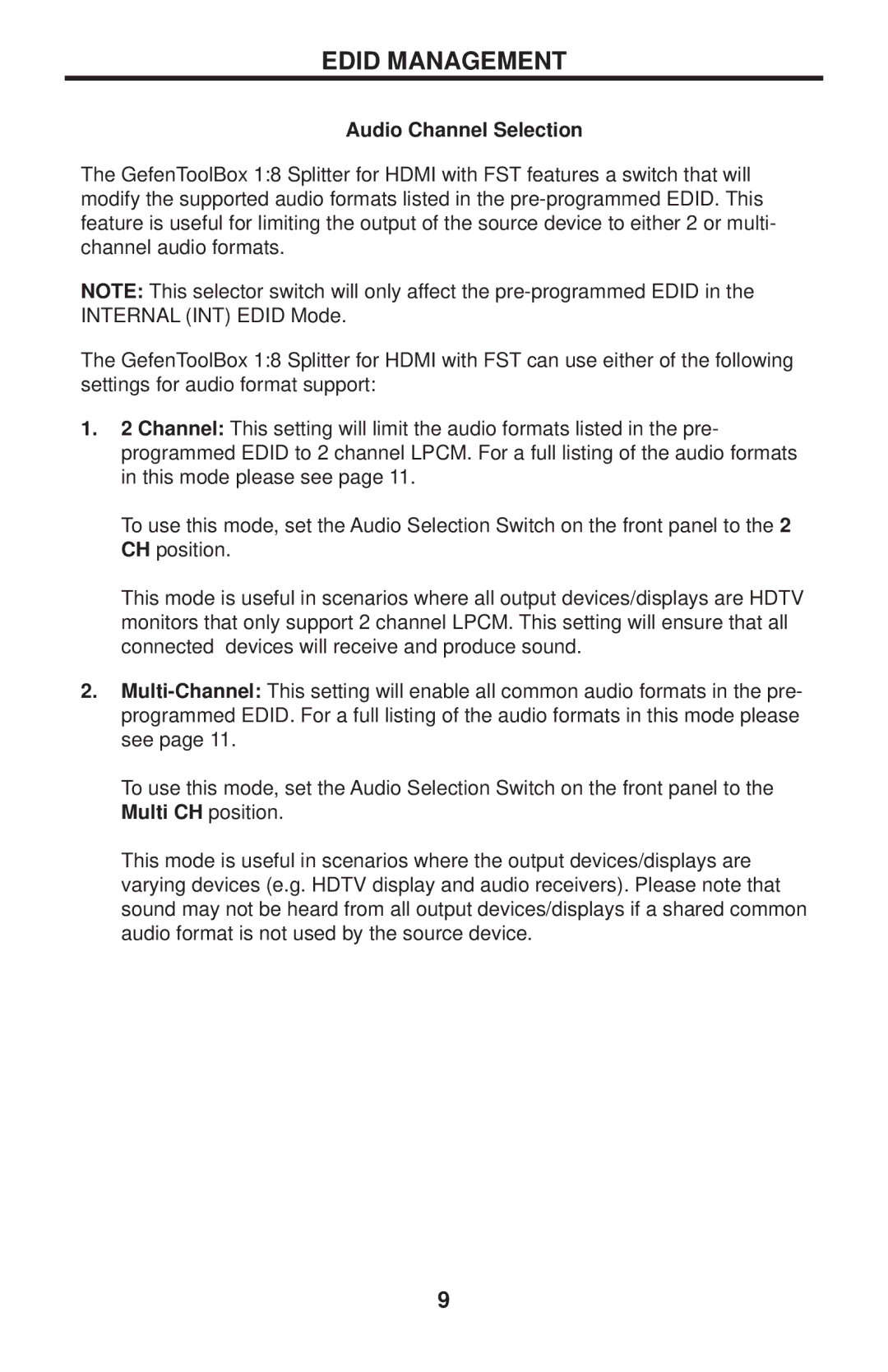 Gefen GTB-HDFST-148-BLK user manual Audio Channel Selection 