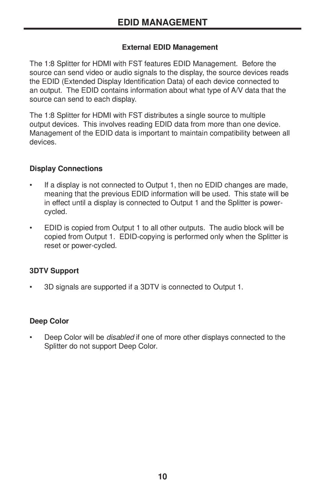 Gefen GTB-HDFST-148-BLK user manual External Edid Management, Display Connections, 3DTV Support, Deep Color 