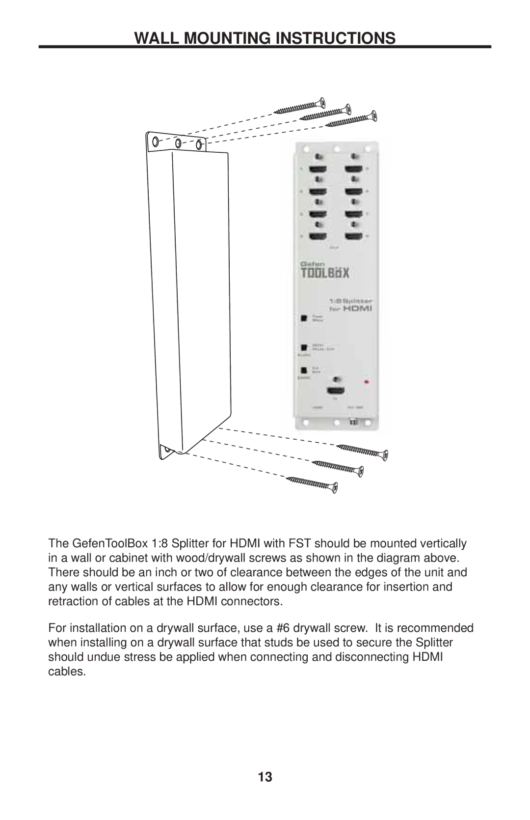 Gefen GTB-HDFST-148-BLK user manual Wall Mounting Instructions 