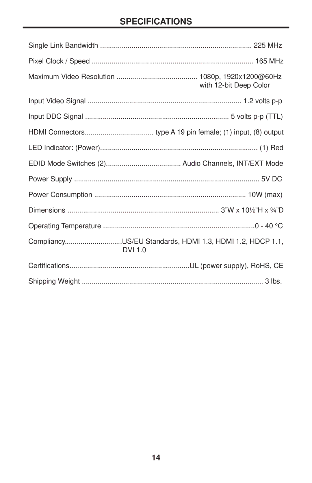 Gefen GTB-HDFST-148-BLK user manual Specifications, 5V DC 